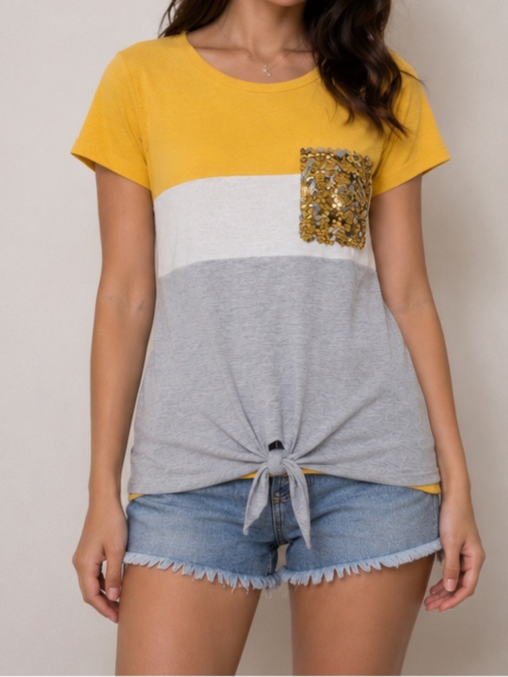 Colorblock Yellow and Gray Short Sleeve top with Sequin Pocket